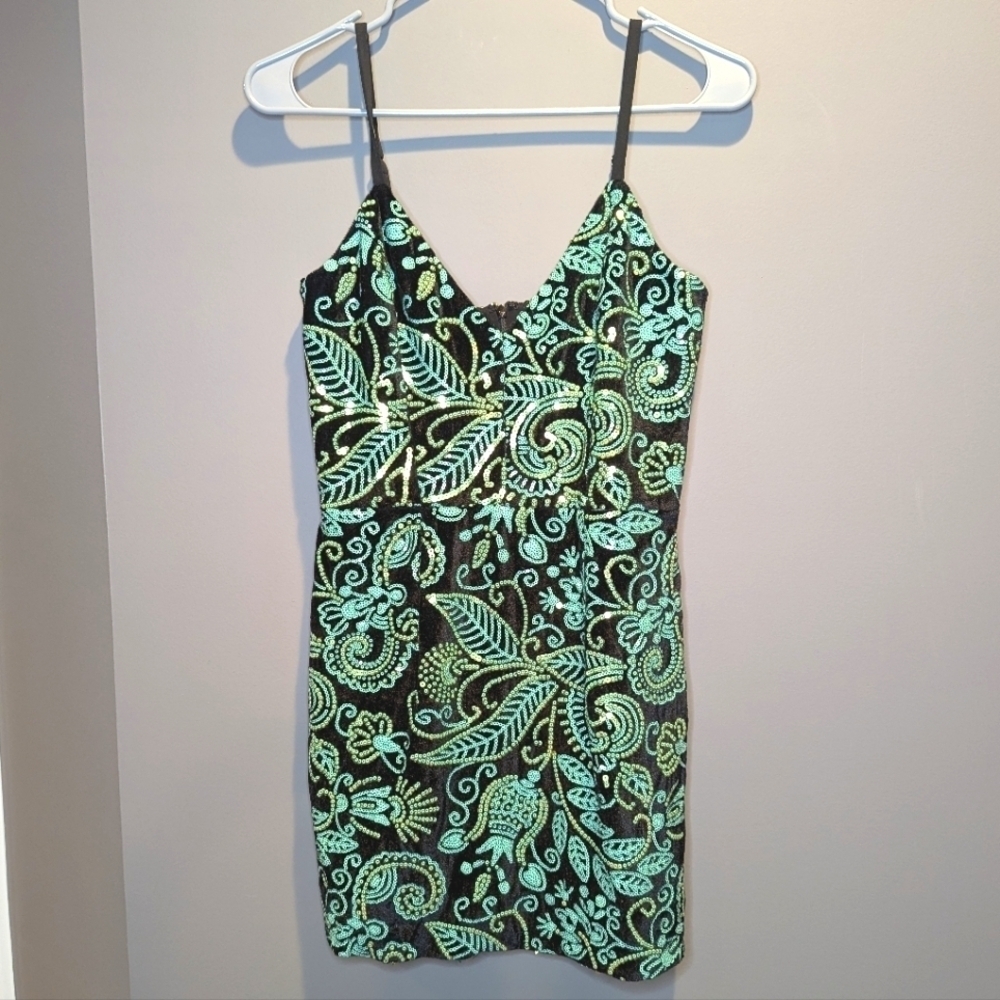 Dress the Population Teal and Black Sequin Mini Dress Size Small